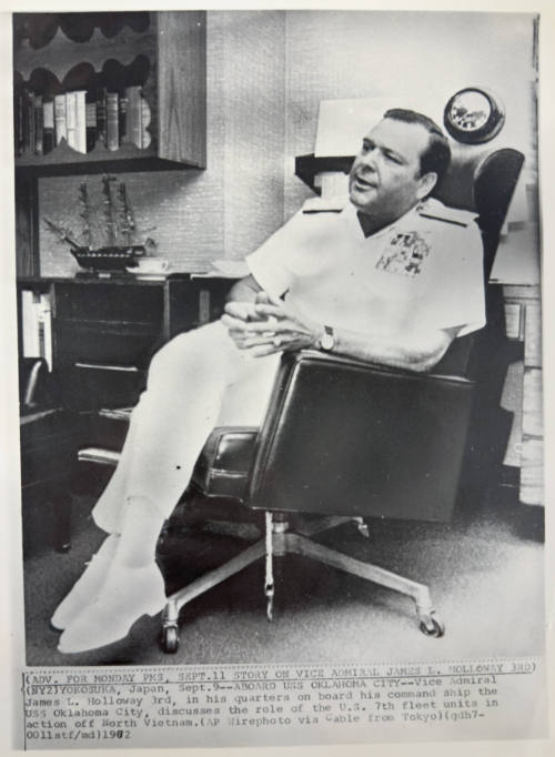 Aboard USS Oklahoma City: Vice Admiral James L. Holloway 3rd, in his quarters on board his command ship the USS Oklahoma City, discusses the role of the U.S. 7th fleet units in action off North Vietnam