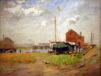 Untitled [ Wharf scene with drydocked sailboat]
