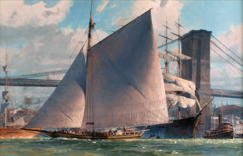 Hudson River Sloop Passing under the Brooklyn Bridge, c. 1886