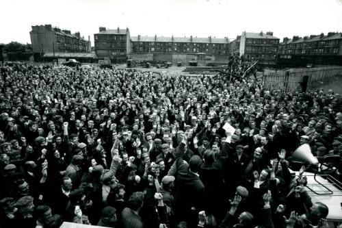 Union meeting at shipyard to protest closing of shipyard, Glasgow, Scotland