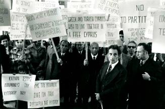 Greek Cypriots demonstrate on Friday, February 14, 1975 in response to Turkish declaration. They marched to Greek Presidential office where officials received them and remarked official support of their position, Cyprus, Turkey